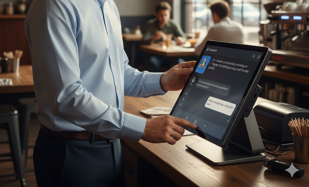 Staff member engaging with a digital assistant on a tablet